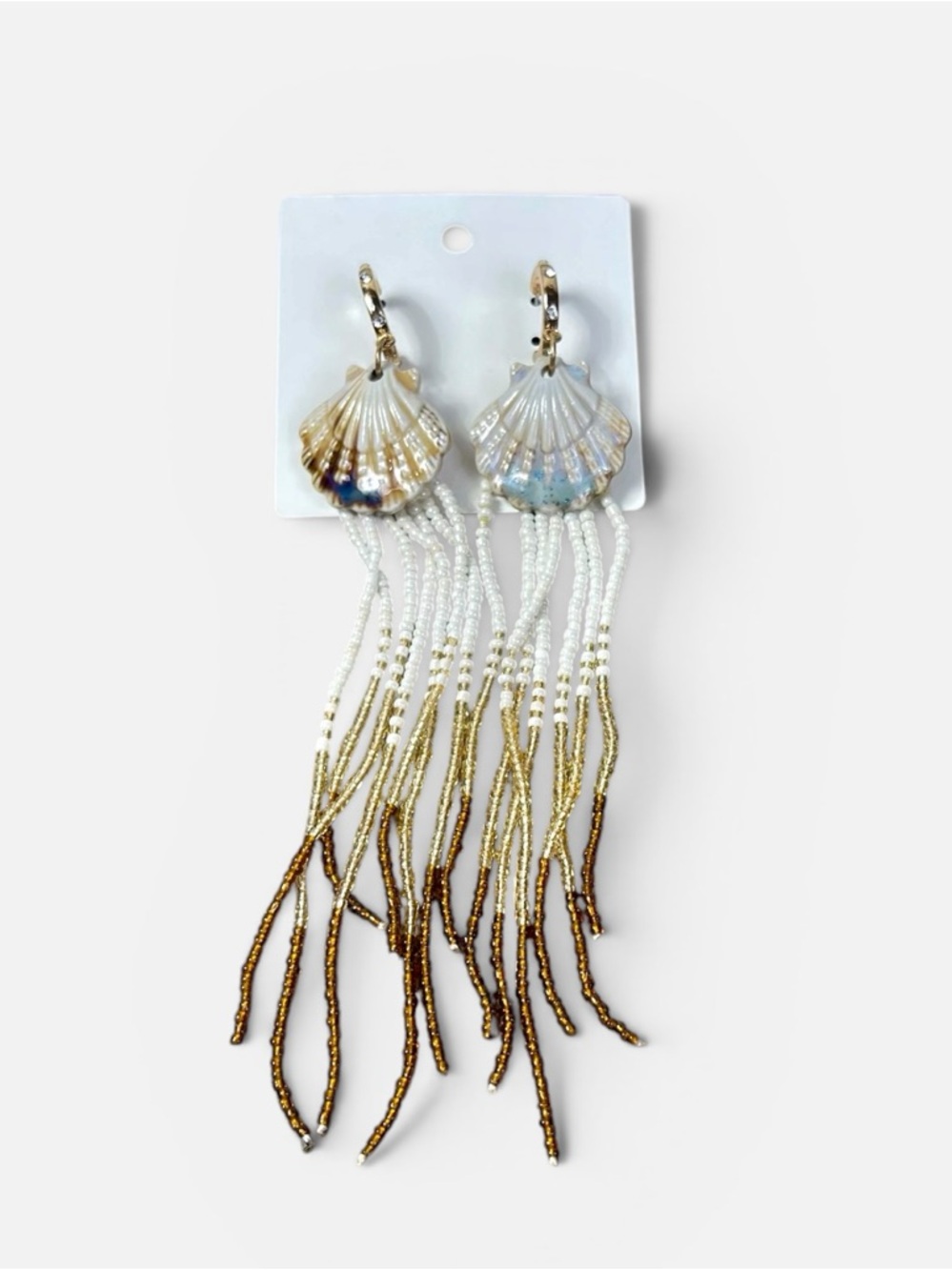 Shell Fringe Drop Earrings - White and Gold